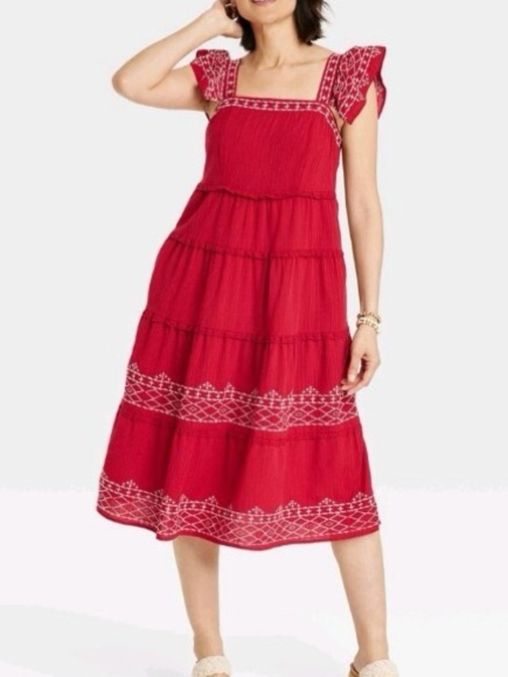 Knox Rose Red Embroidered Tiered Midi Dress
